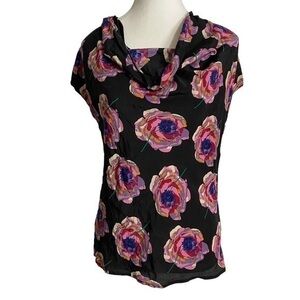 PINK Thomas Pink London Silk Top Floral Print Cowl Neck Short Sleeve Blouse